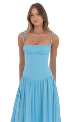 Satin Ruched Bust Maxi Dress in Aqua Blue