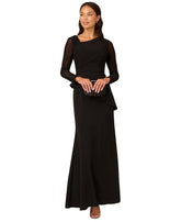 Adrianna Papell Women's Mesh Long-Sleeve Crepe Gown