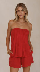 Sharni Strapless Pleat Top and Shorts Set - Red