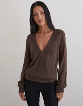 Saroya Plunge Wrap Top in Knit Dark Chocolate
