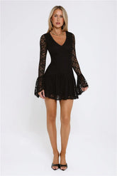 Gilded Lace Nights Long Sleeve Mini Dress Black