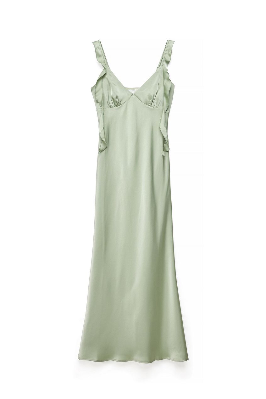 Satin Ruffle Shoulder Maxi Dress