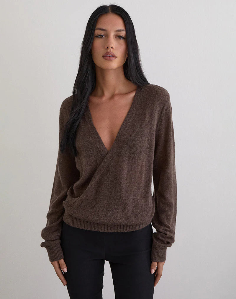 Saroya Plunge Wrap Top in Knit Dark Chocolate