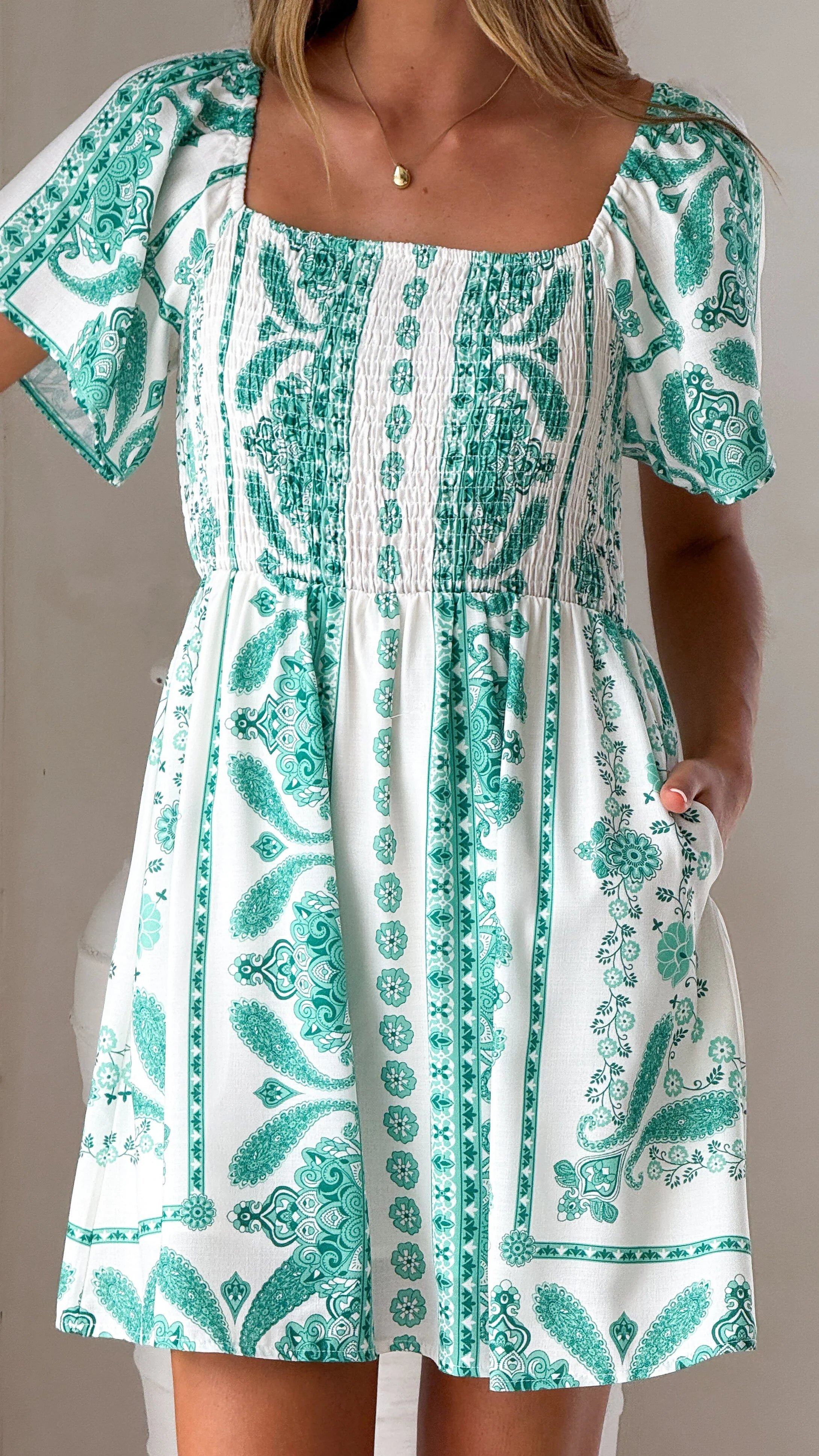 Farah Mini Dress - Green Aztec