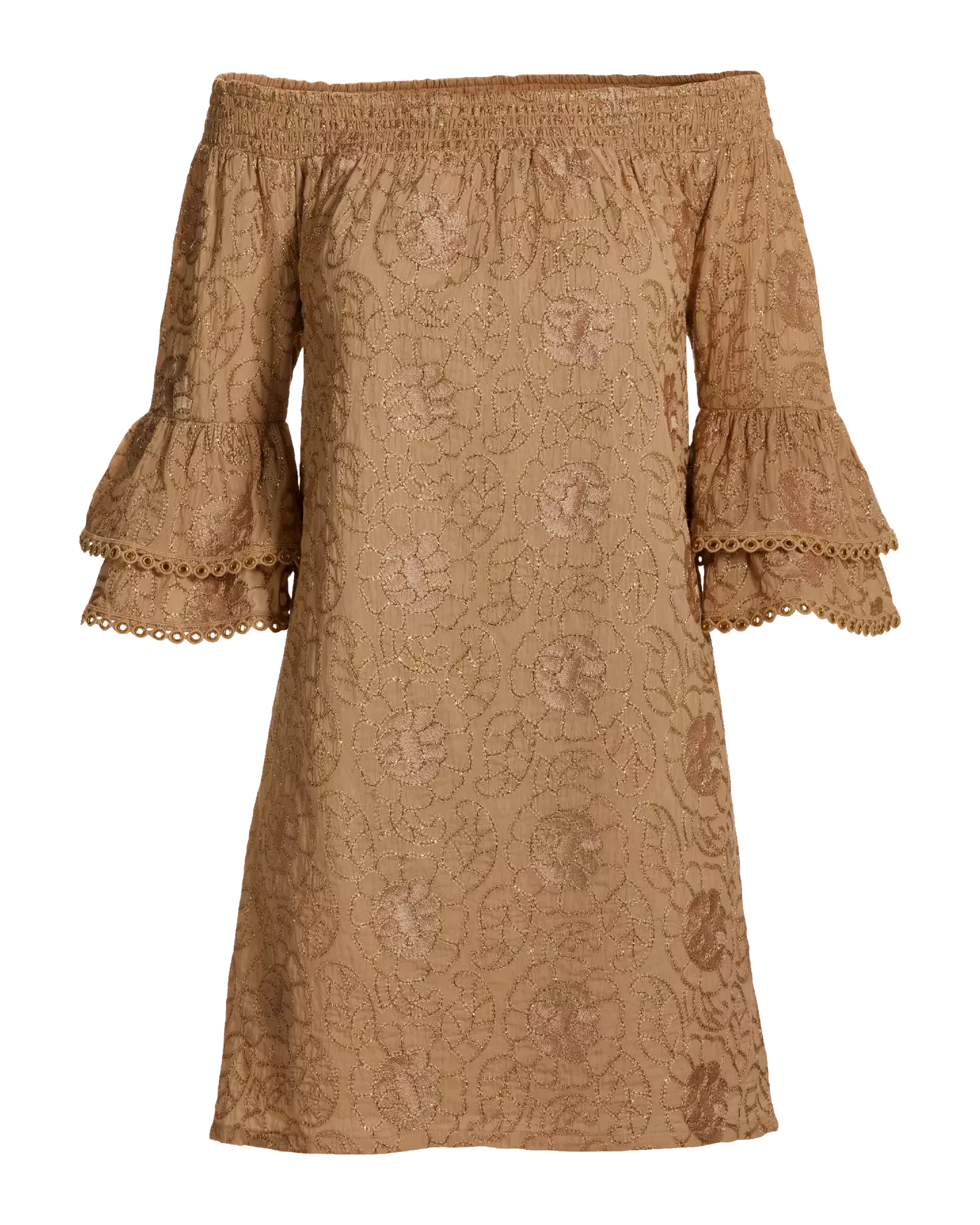 Metallic Woven Off The Shoulder Shift Dress Tan/Gold