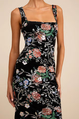 Camesha Black Multi Floral Velvet Sequin Maxi Dress