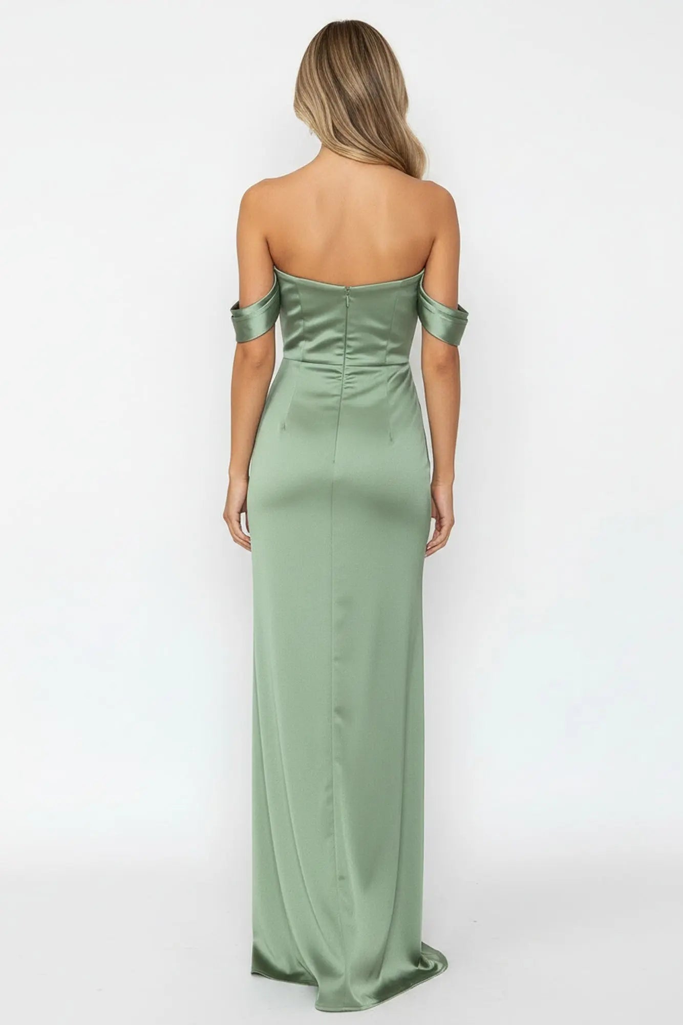 Silken Starlet Off Shoulder Satin Maxi Dress Olive