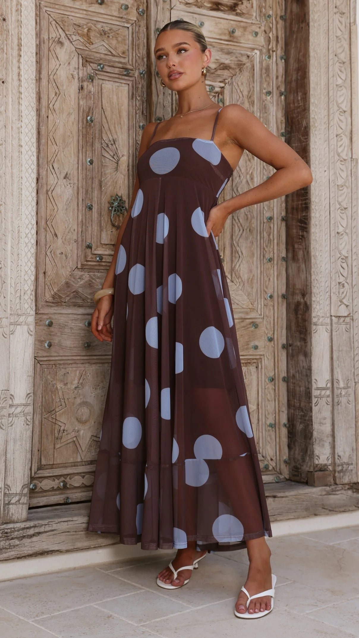 Melinda Mesh Maxi Dress - Brown / Blue Polka Dot