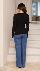Lyra Long Sleeve Ribbed Top - Black