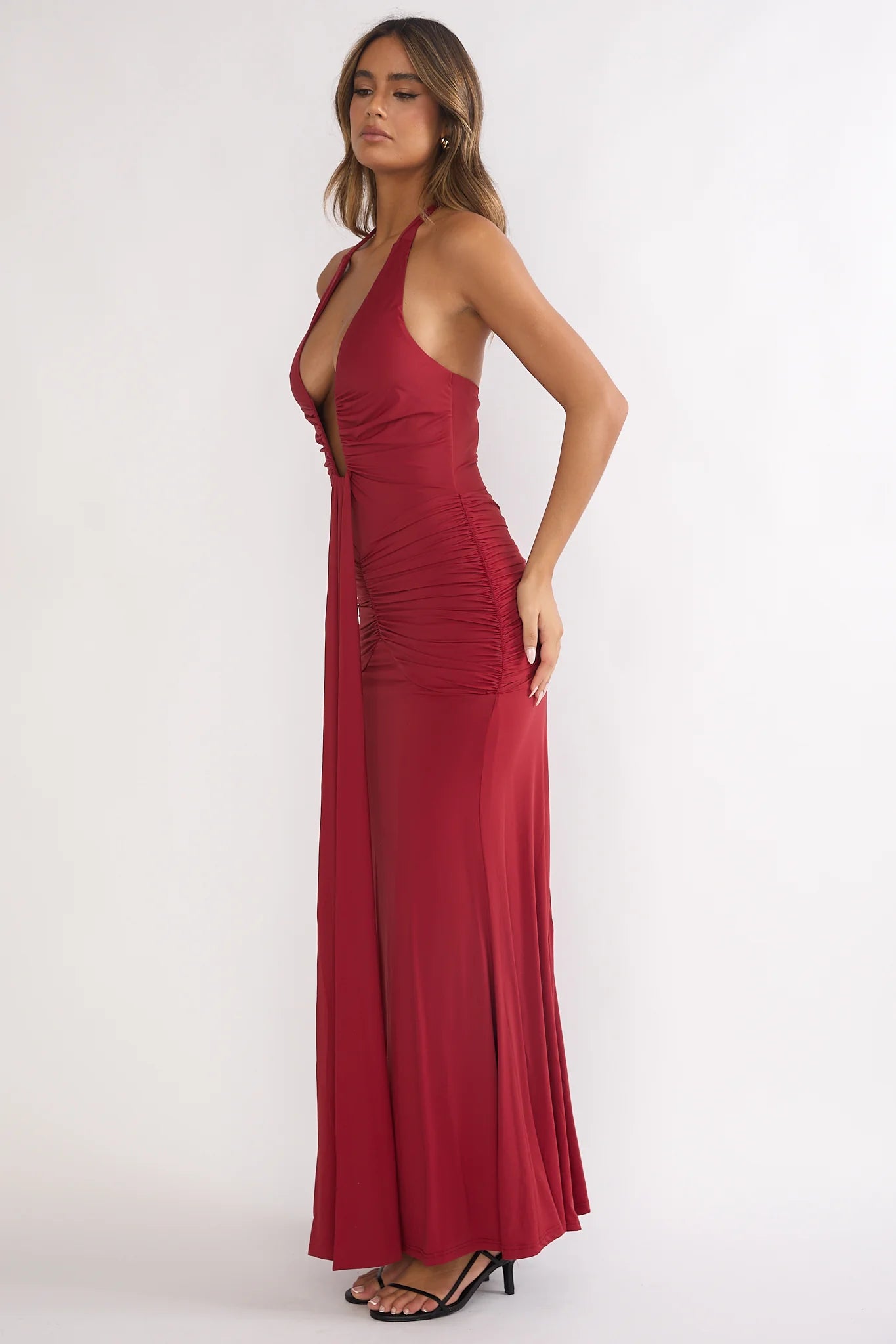 Brienna Halter Ruched Maxi Dress Wine
