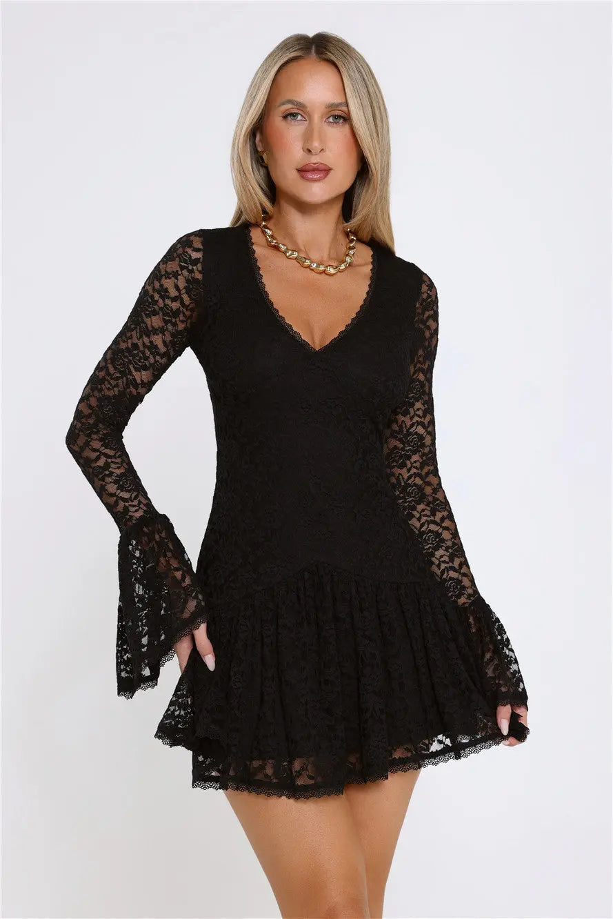 Gilded Lace Nights Long Sleeve Mini Dress Black