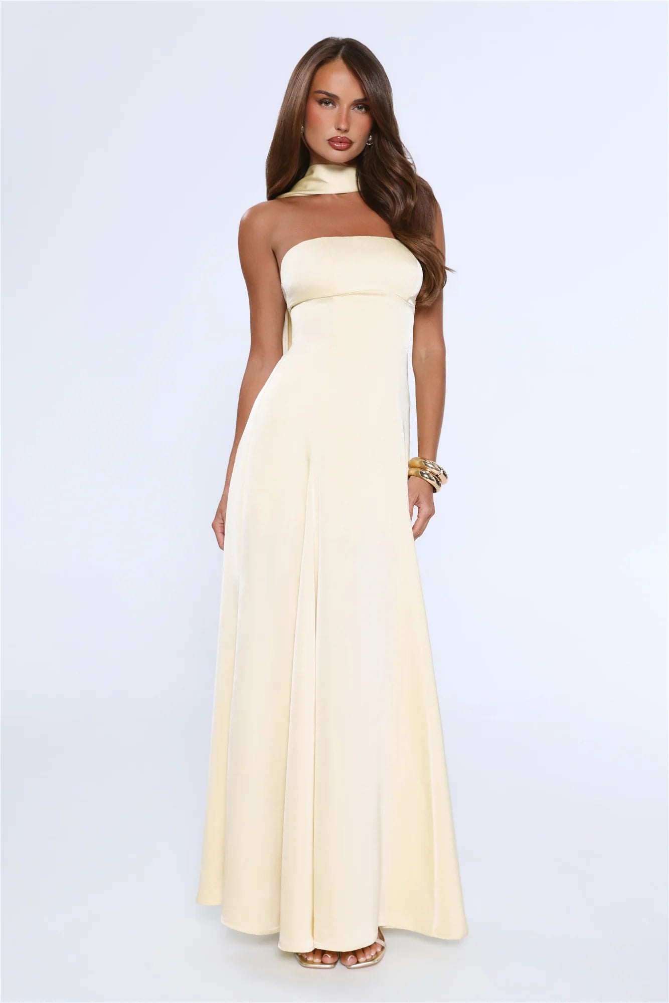 Satin Tempt Strapless Maxi Dress Lemon