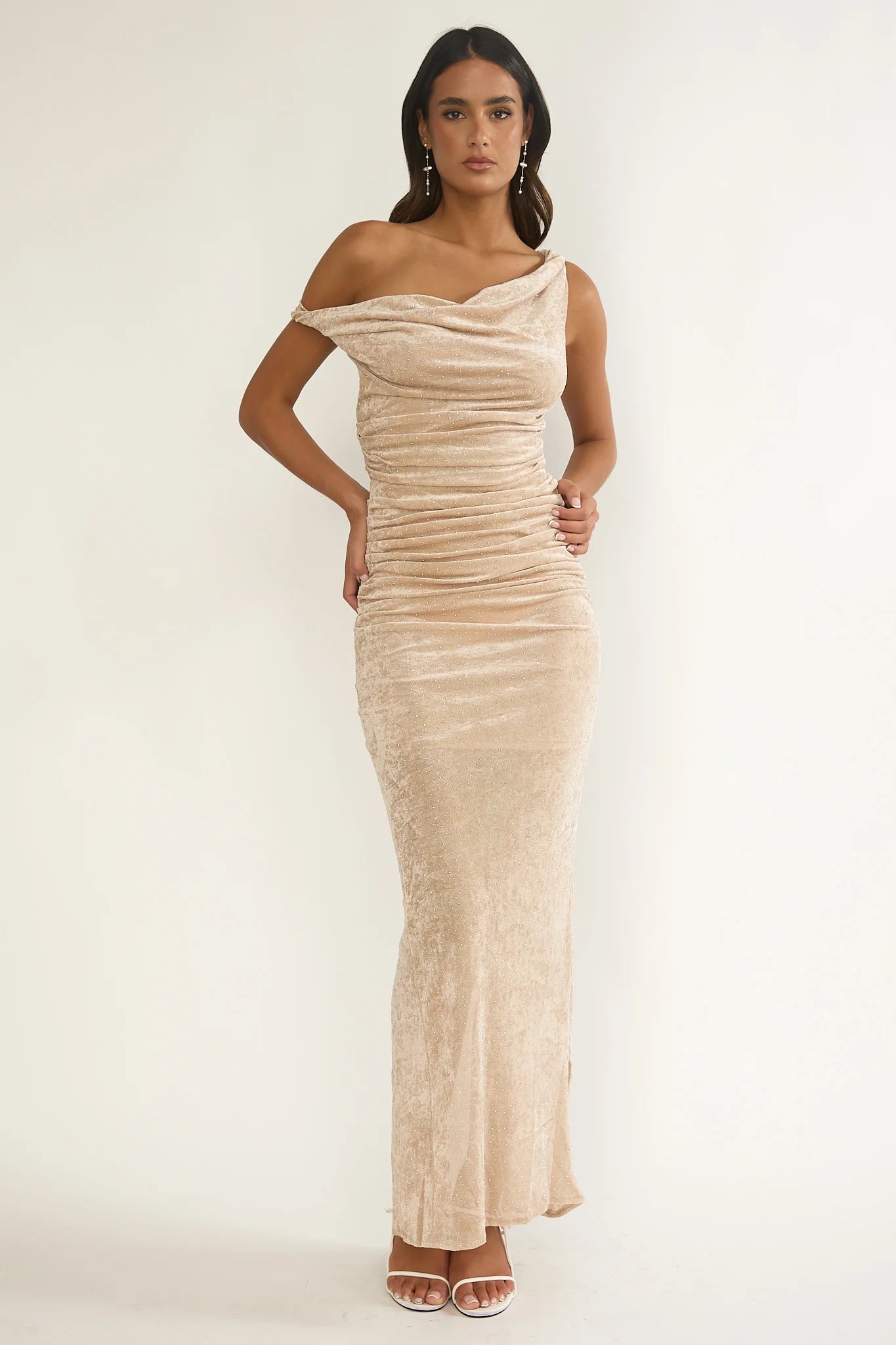Callen Cowl Ruched Maxi Dress Champagne Silver