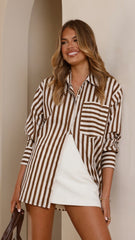 Zoah Long Sleeve Button Up Shirt - Choc/Champagne Stripe