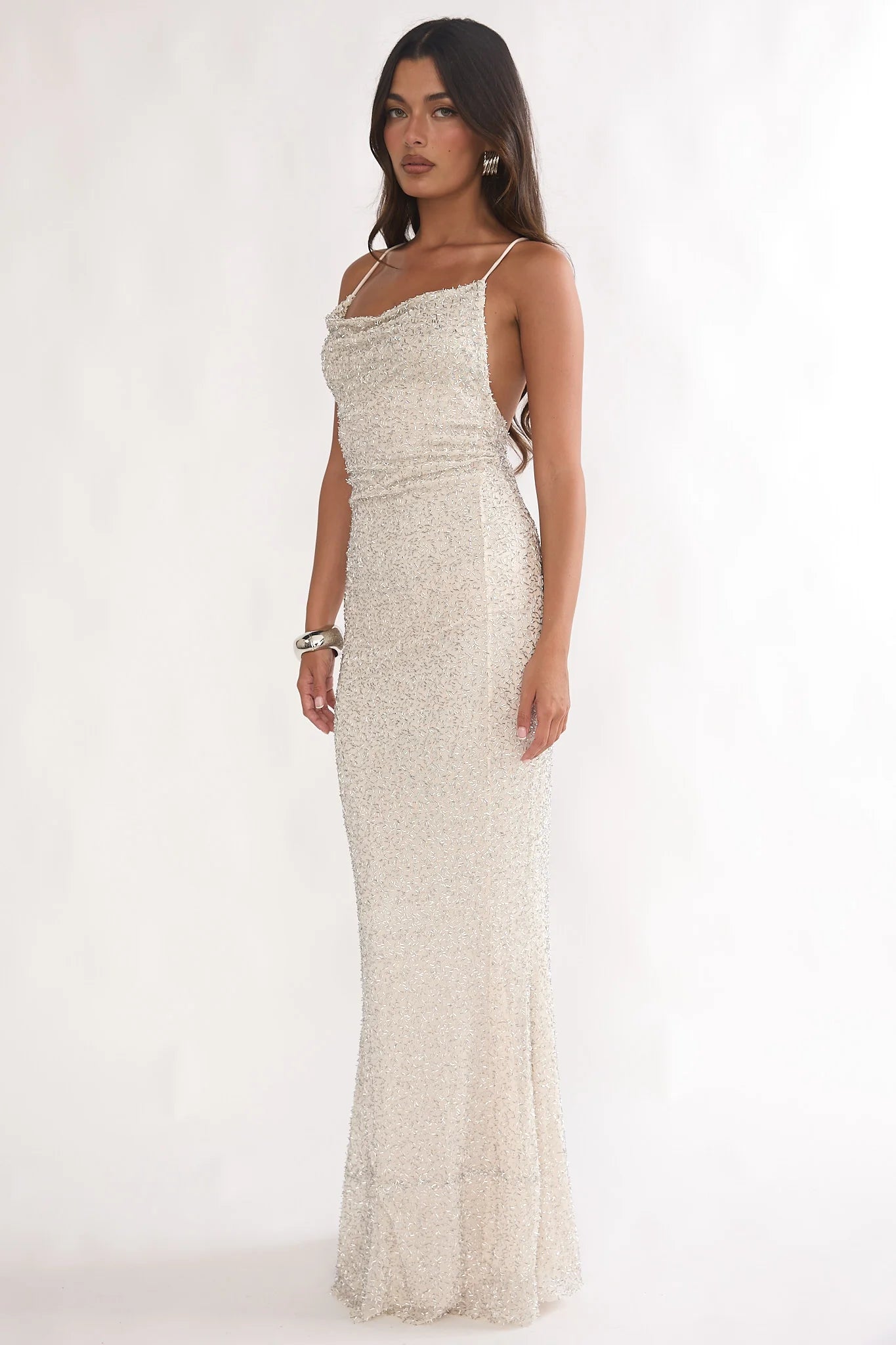 Emillia Strappy Open Back Maxi Dress Sequin Ivory