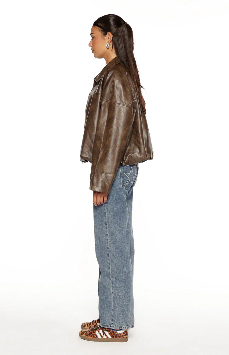 River Vintage Brown PU Bubble Hem Bomber Jacket