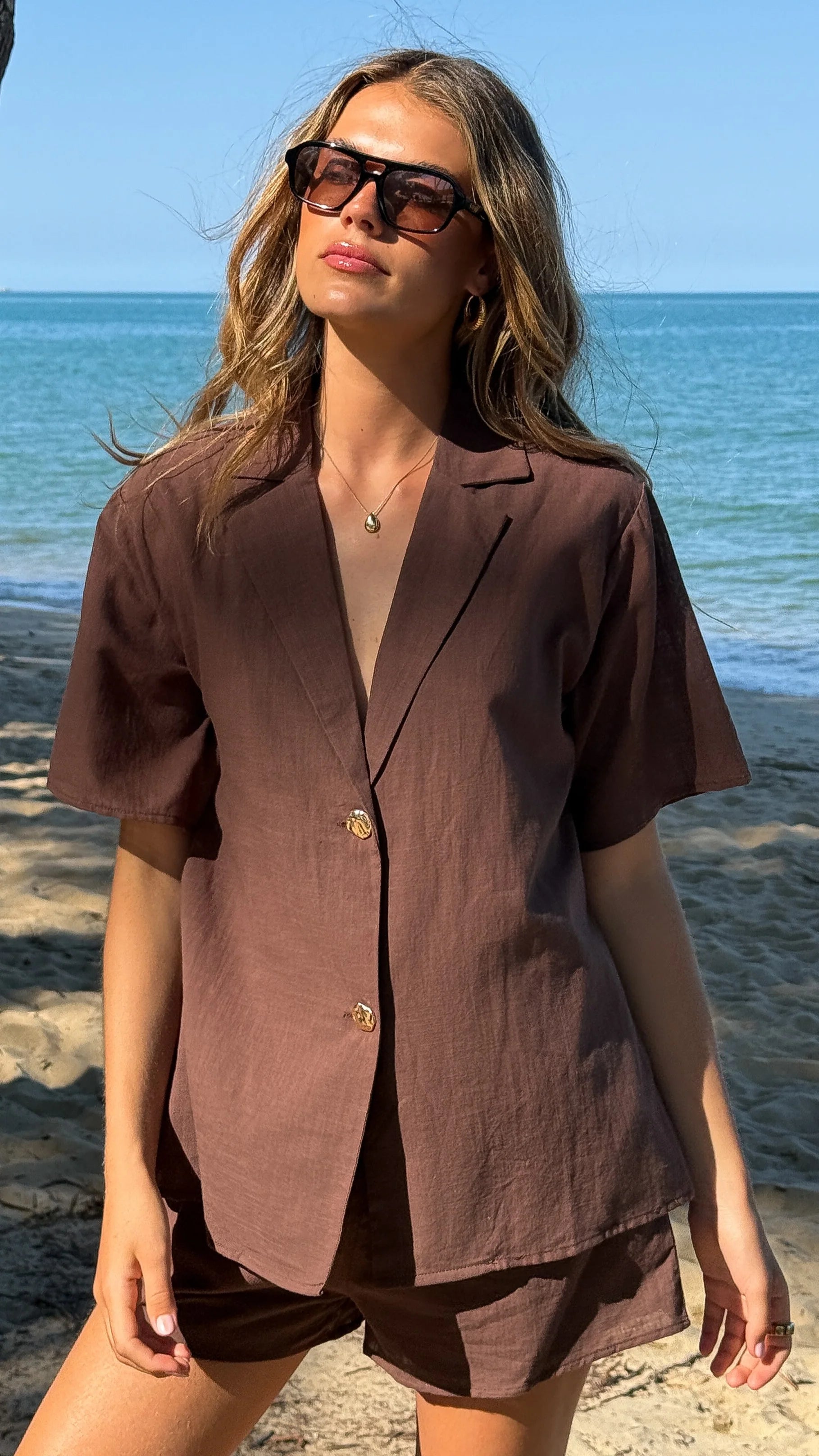 Nadine Shirt and Shorts Set - Brown