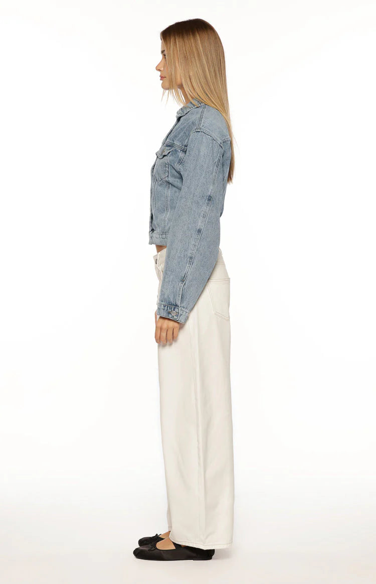 Elana Mid Wash Cinched Waist Denim Jacket