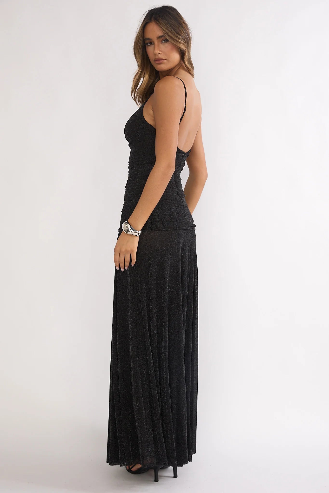 Orizel Pintuck Drop Waist Maxi Dress Sparkle Black