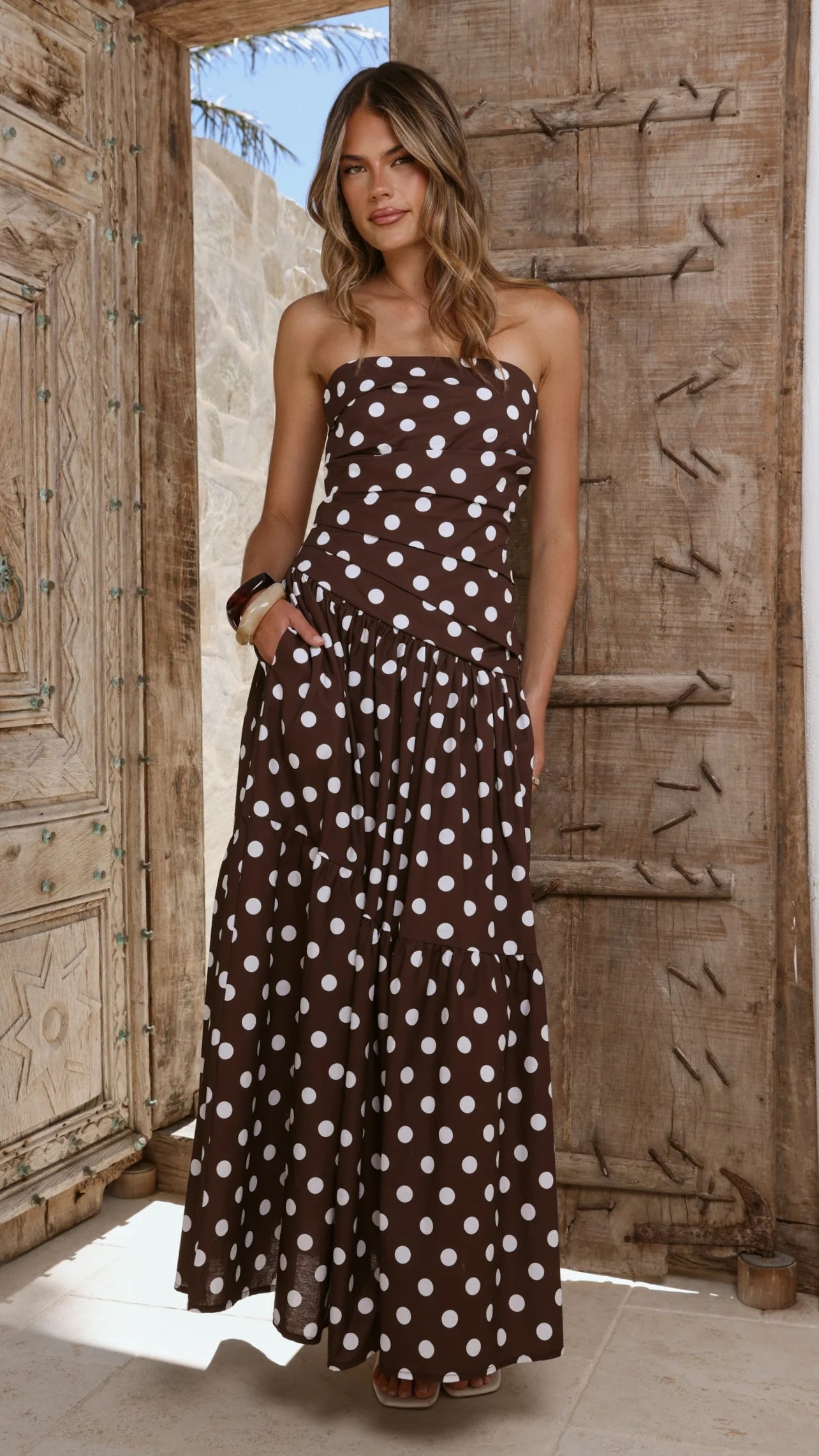 Lyra Maxi Dress - Brown/White Polka Dot