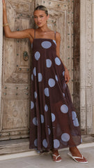 Melinda Mesh Maxi Dress - Brown / Blue Polka Dot