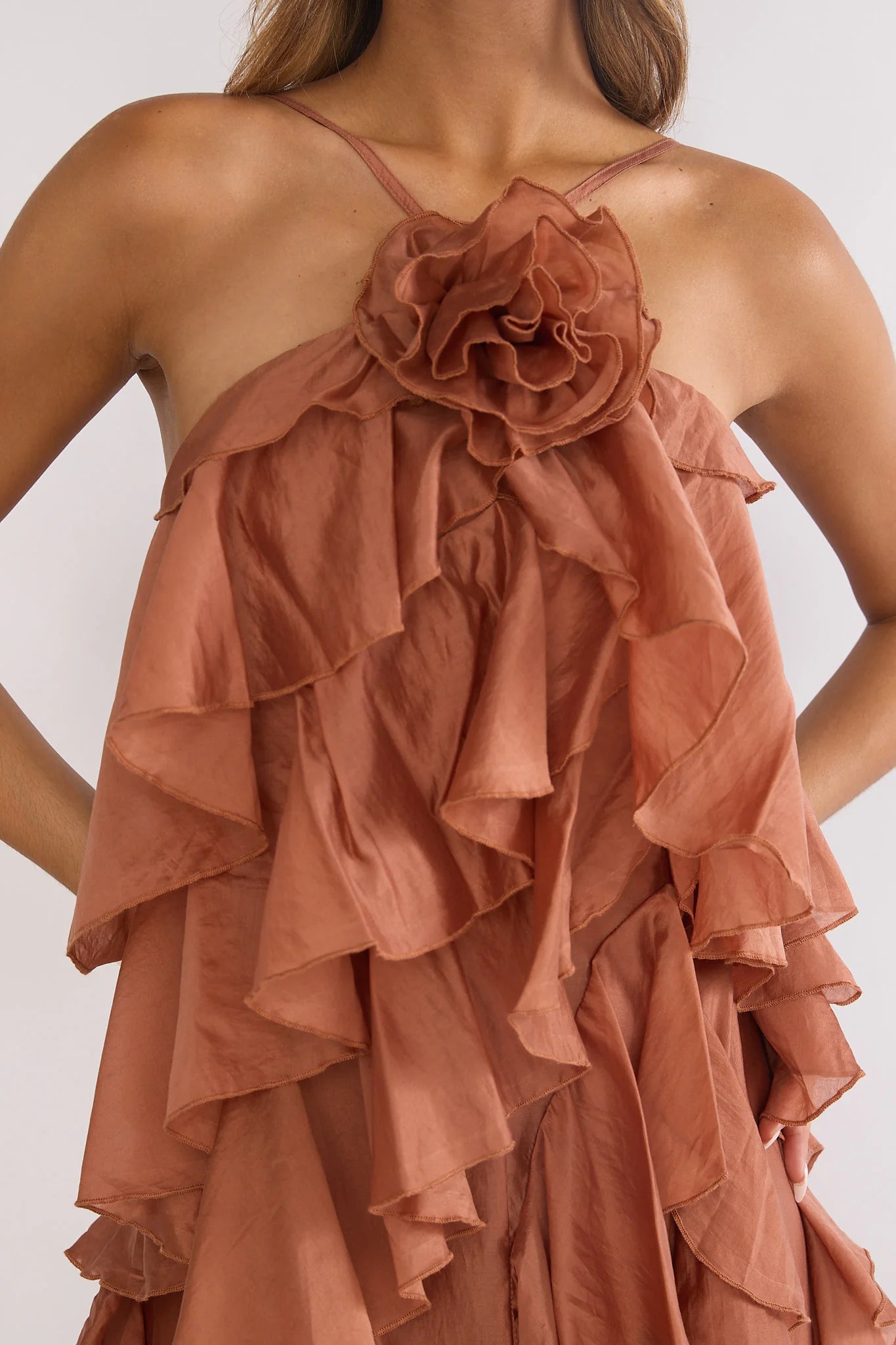 Secret Rendezvous Layered Ruffle Maxi Dress Rust