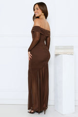 Velour Allure Off Shoulder Maxi Dress Brown